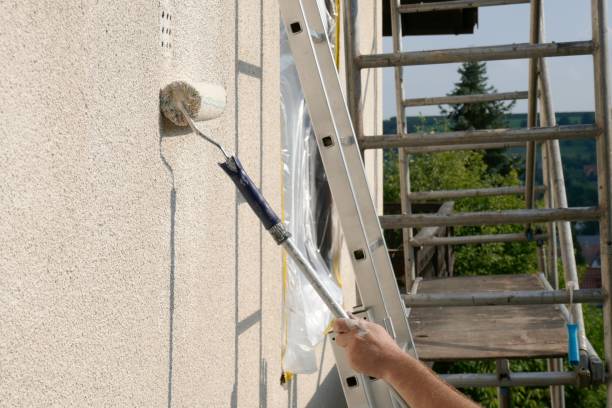artisan peintre en batiment appliquant de l'enduit sur une façade